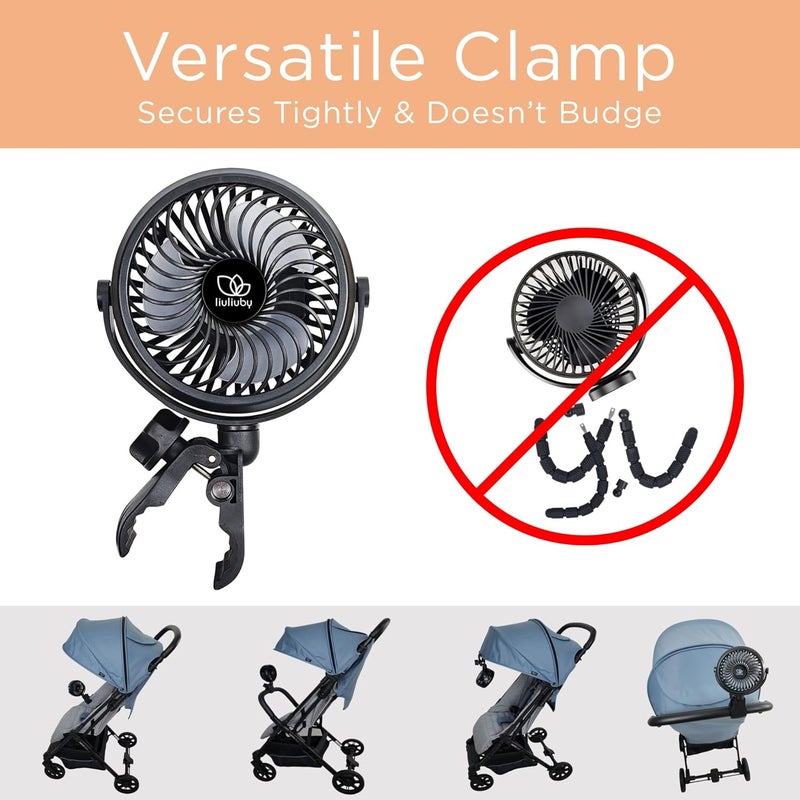 liuliuby Baby Stroller Fan with Clip | Clip On Fan for Baby Car Seat | Portable & Rechargeable with Durable Clamp | Stroller Accessories | Small Cooling USB Chargeable Battery (Jet Black) - Image 3